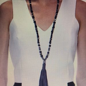 Black/Crystal Bead with Leather Tassel Necklace